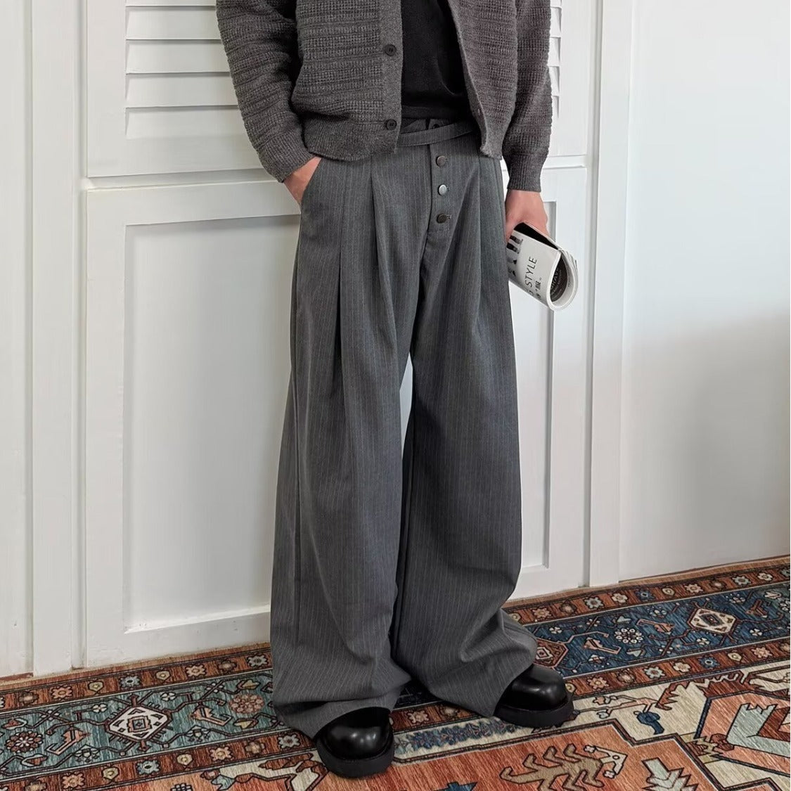 Unisex Pinstripe Pleated Trousers - Relaxed Wide Leg - Grey