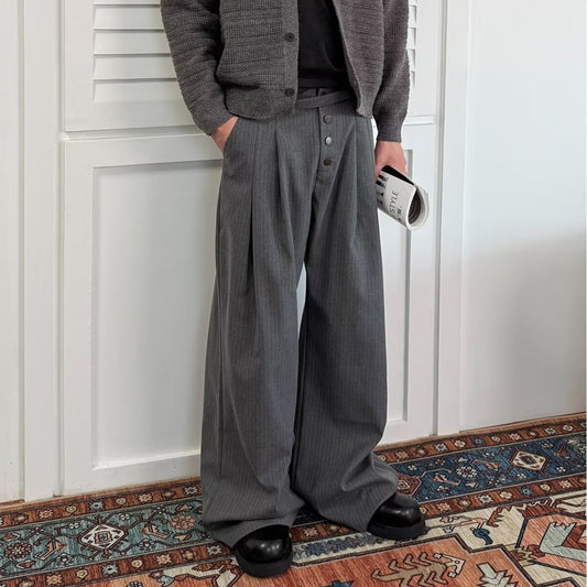 Unisex Pinstripe Pleated Trousers - Relaxed Wide Leg - Grey