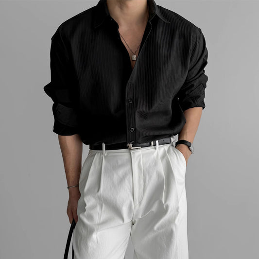 Men's Vertical Stripe Long Sleeve Button Shirt in White