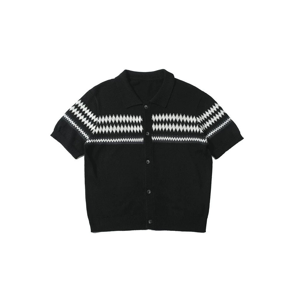 Men's Retro Jacquard Knit Short Sleeve Shirt - Geometric Pattern Regular Fit