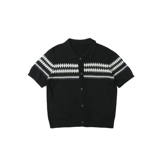 Men's Retro Jacquard Knit Short Sleeve Shirt - Geometric Pattern Regular Fit