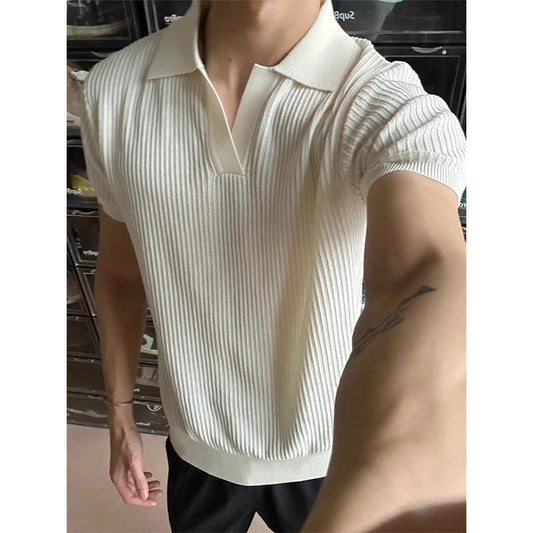 Men's Seagull V-Neck Knit Short Sleeve Polo Shirt in Beige