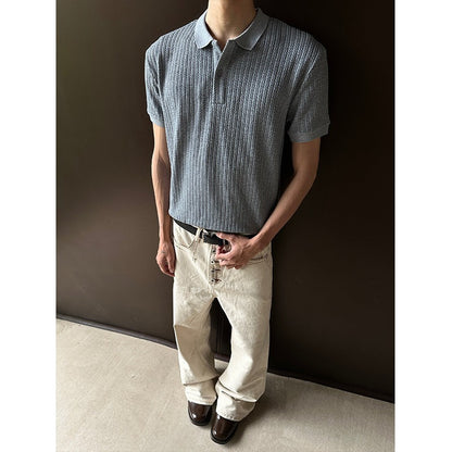Men's Cable Knit Short Sleeve Polo Shirt - Textured Slim Fit - White