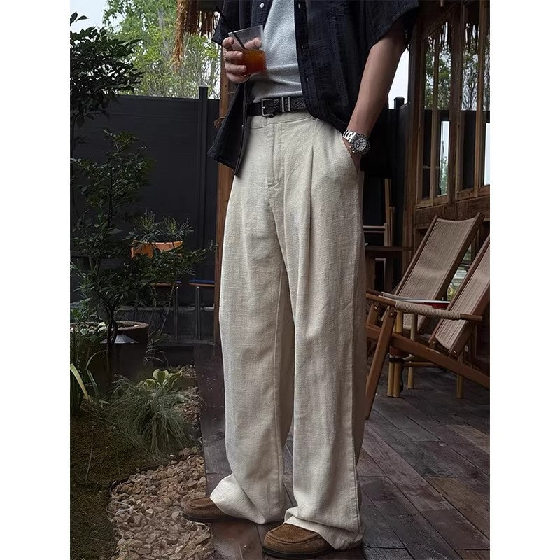 Men's Linen Blend Wide-Leg Casual Pants in Black
