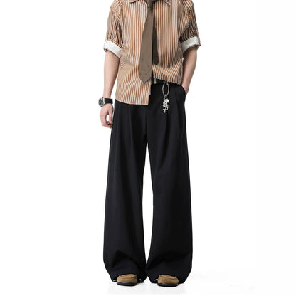 Men's Double Pleated Straight-Leg Trousers in Brown