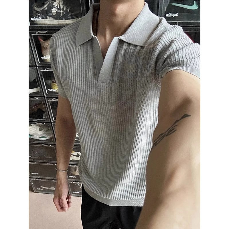 Men's Seagull V-Neck Knit Short Sleeve Polo Shirt in Beige