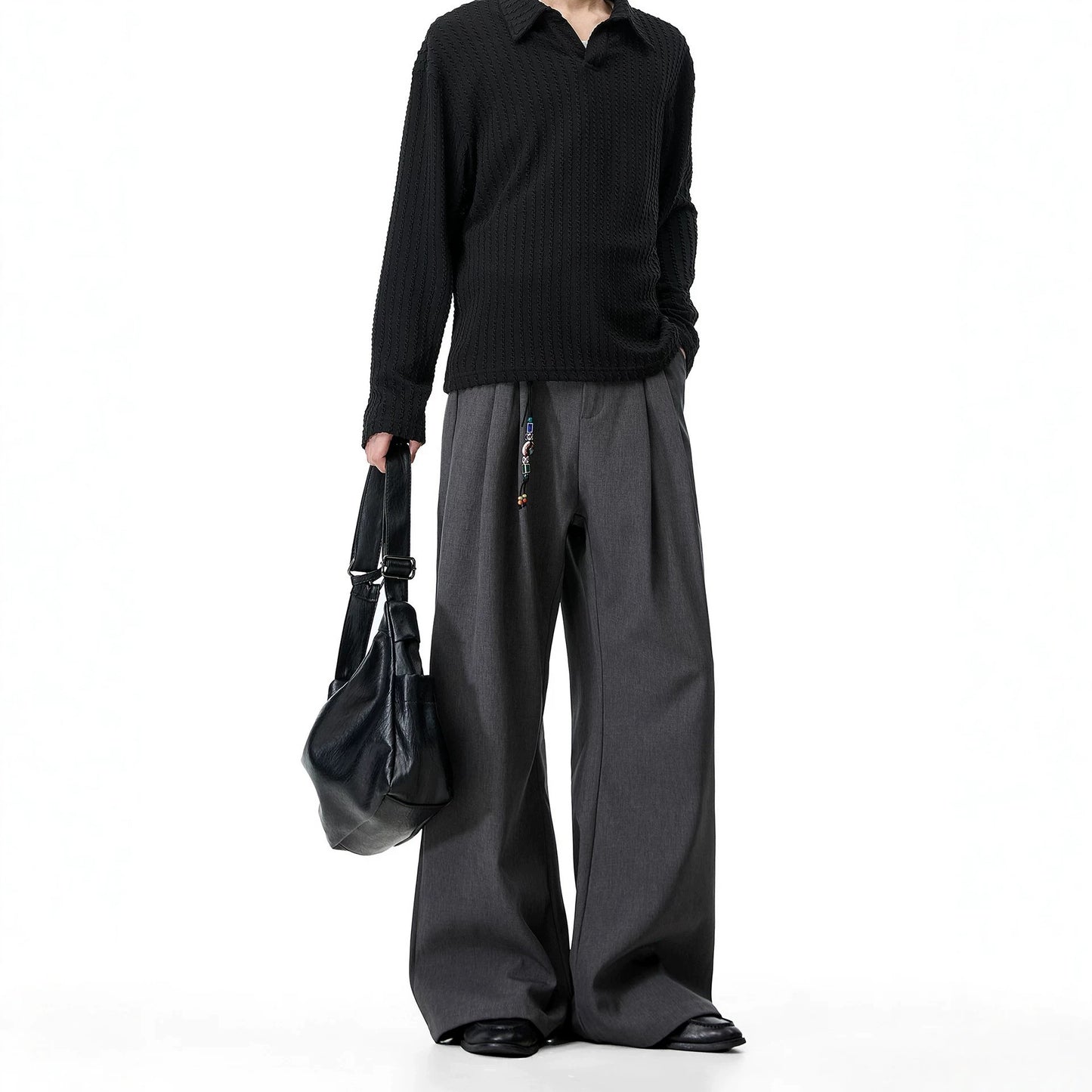 Men's Double Pleated Straight-Leg Trousers in Brown