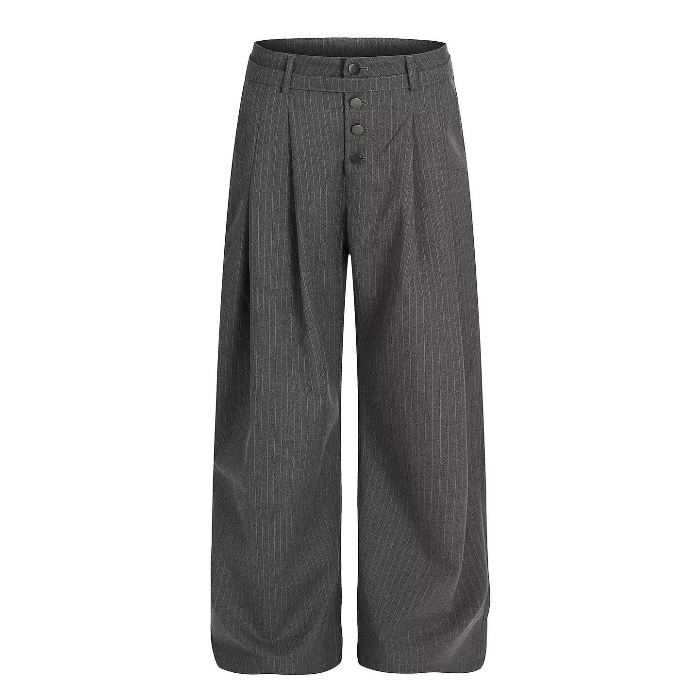 Unisex Pinstripe Pleated Trousers - Relaxed Wide Leg - Black