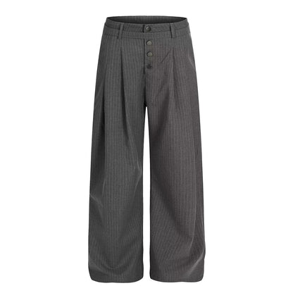 Unisex Pinstripe Pleated Trousers - Relaxed Wide Leg - Black