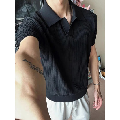 Men's Seagull V-Neck Knit Short Sleeve Polo Shirt in Beige