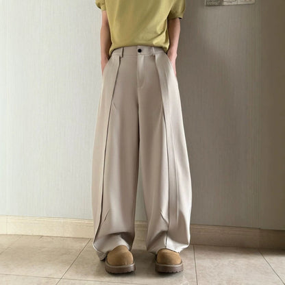 Men's Pleated Wide-Leg Trousers - Relaxed Drape Fit - Apricot