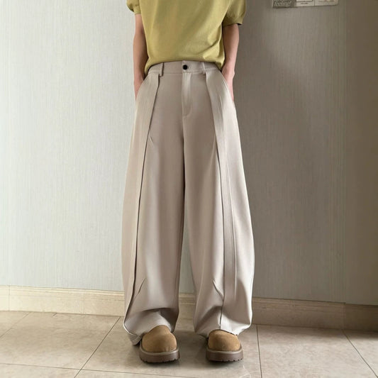 Men's Pleated Wide-Leg Trousers - Relaxed Drape Fit - Apricot