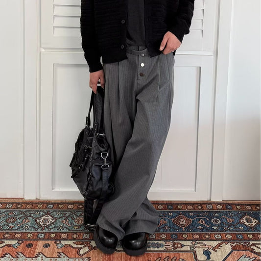 Unisex Pinstripe Pleated Trousers - Relaxed Wide Leg - Grey