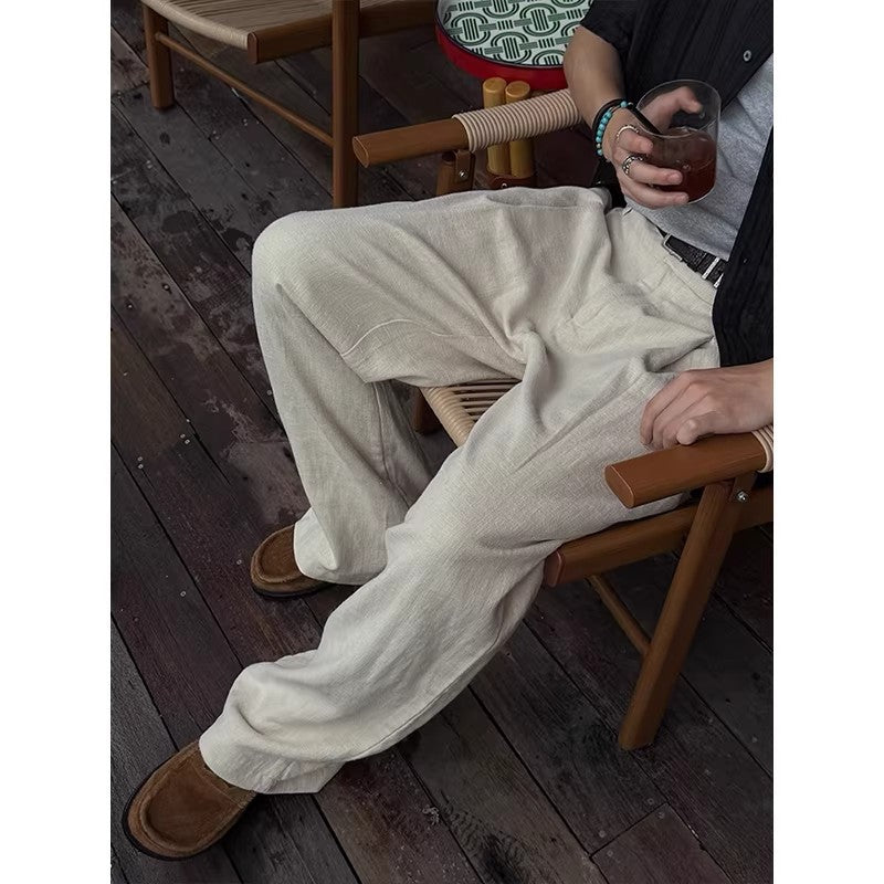 Men's Linen Blend Wide-Leg Casual Pants in Brown