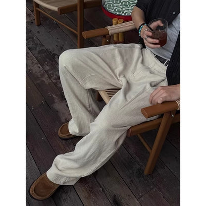 Men's Linen Blend Wide-Leg Casual Pants in Brown