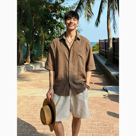 Men's Linen Blend Short Sleeve Spliced Shirt in Beige