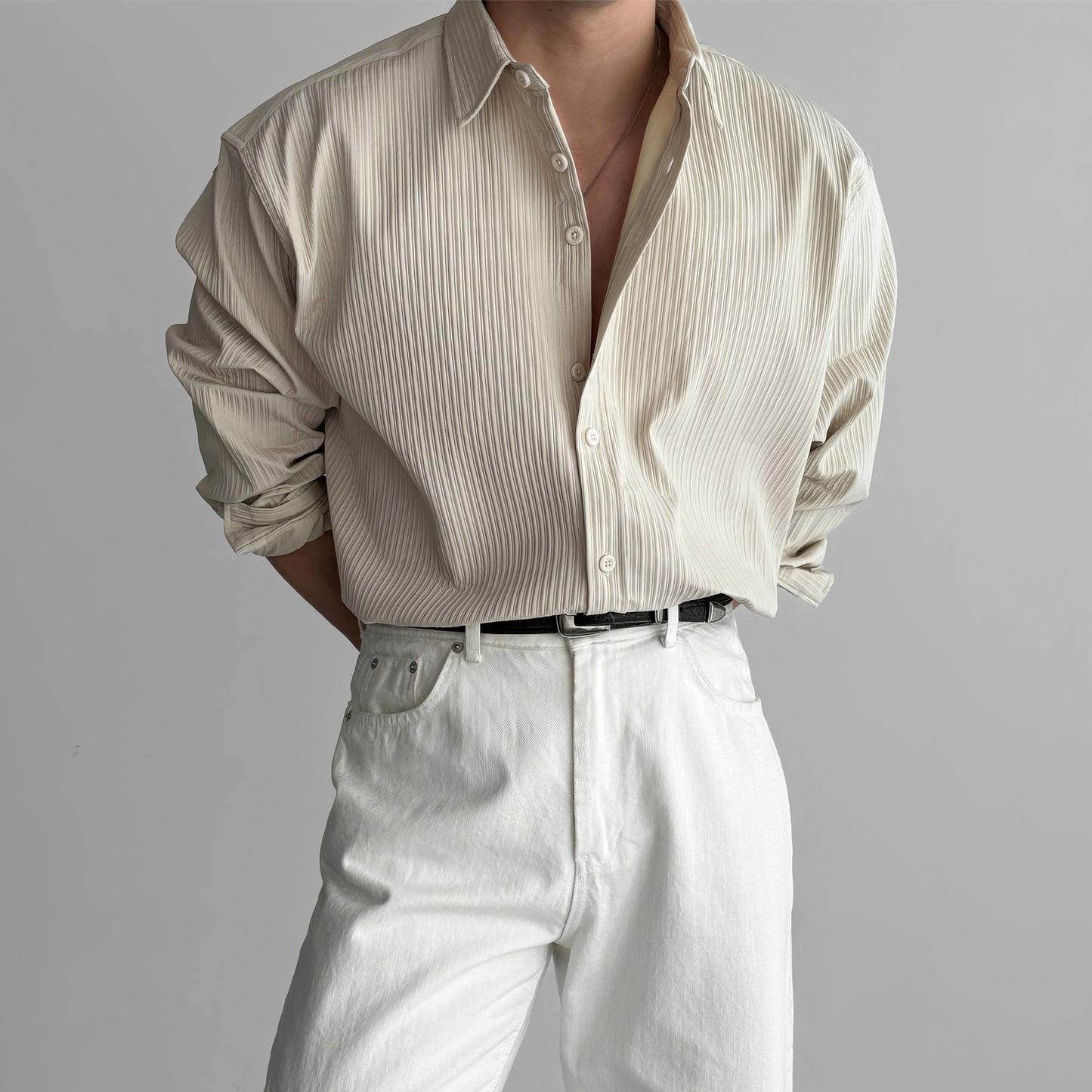 Men's Vertical Stripe Long Sleeve Button Shirt in Beige