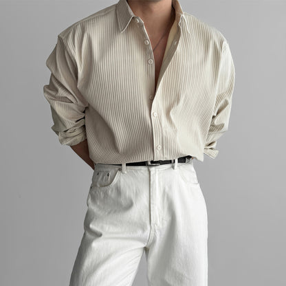 Men's Vertical Stripe Long Sleeve Button Shirt in Beige