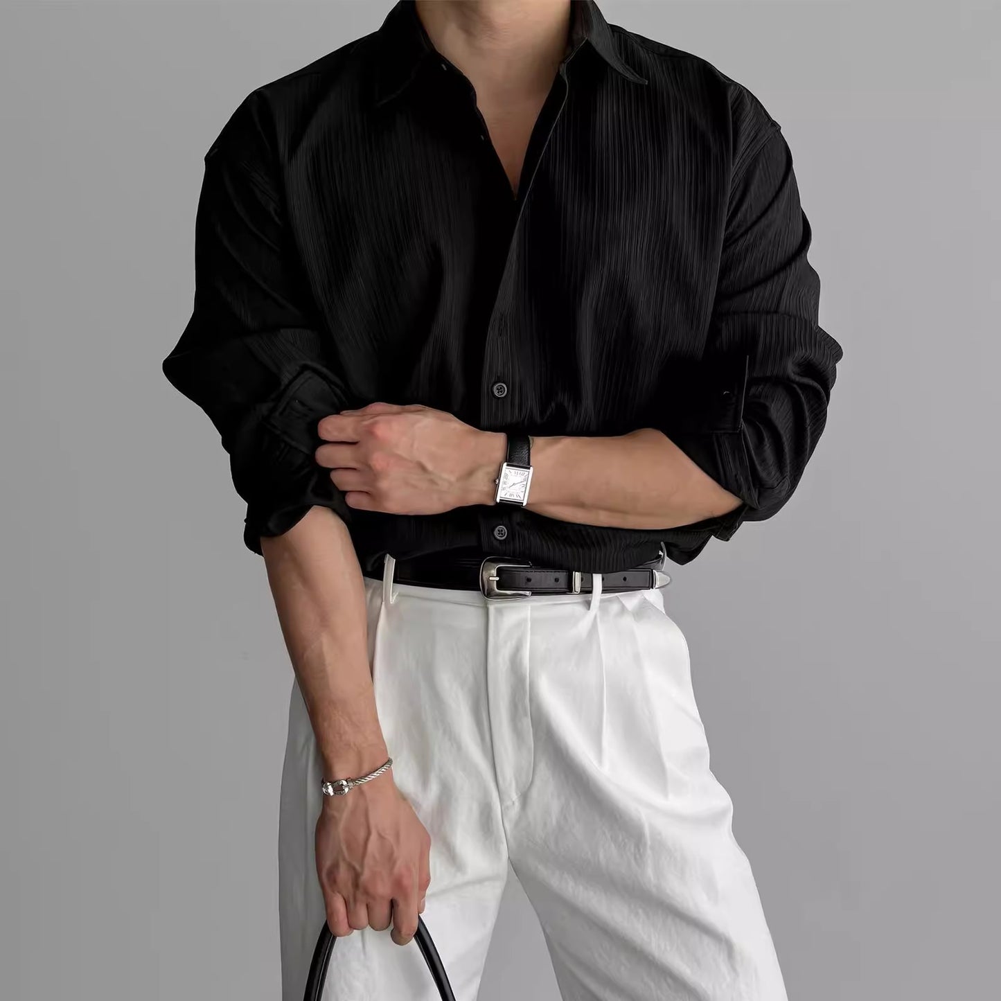 Men's Vertical Stripe Long Sleeve Button Shirt in Black